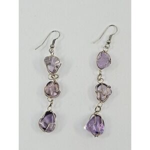 Amethyst Quartz Natural Stone Dangle Drop Earrings Healing Wire Wrapped